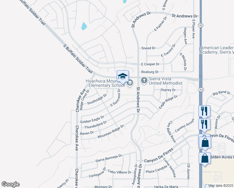 map of restaurants, bars, coffee shops, grocery stores, and more near 3298 South Suncrest Drive in Sierra Vista