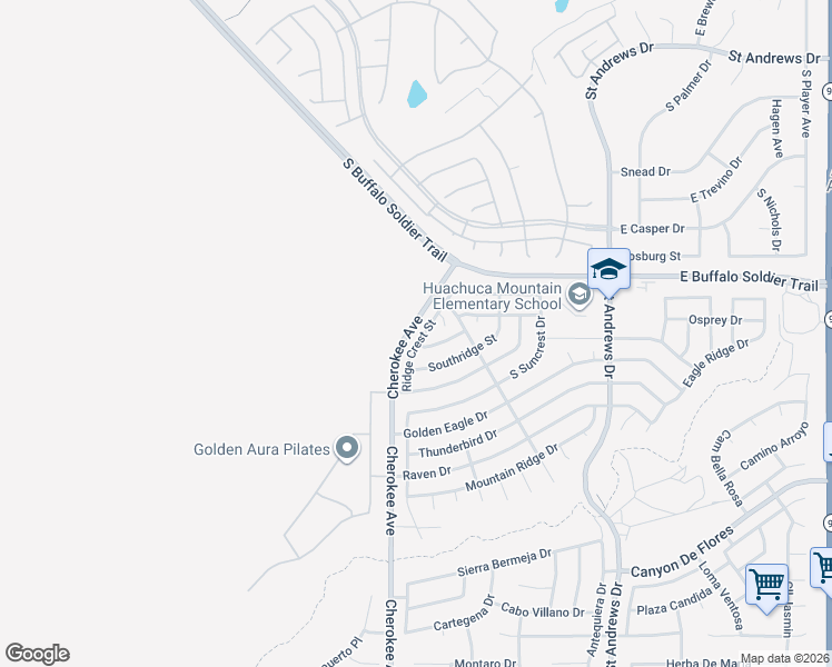 map of restaurants, bars, coffee shops, grocery stores, and more near 3322 Ridge Crest Street in Sierra Vista