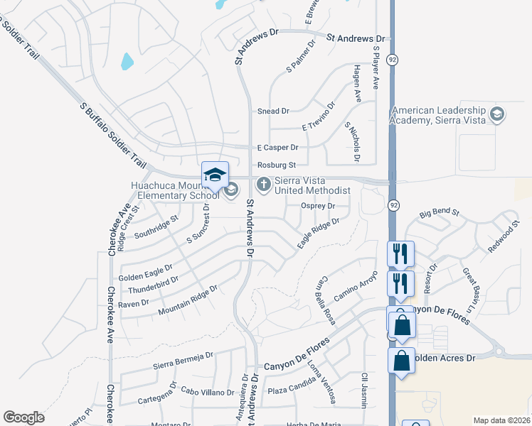 map of restaurants, bars, coffee shops, grocery stores, and more near 3290 Black Hawk Drive in Sierra Vista