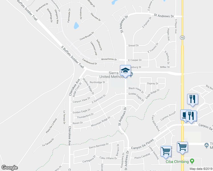 map of restaurants, bars, coffee shops, grocery stores, and more near 3286 South Suncrest Drive in Sierra Vista