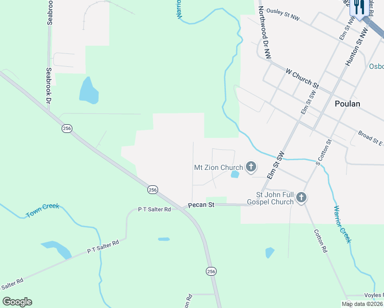 map of restaurants, bars, coffee shops, grocery stores, and more near 262 Ford Street in Poulan