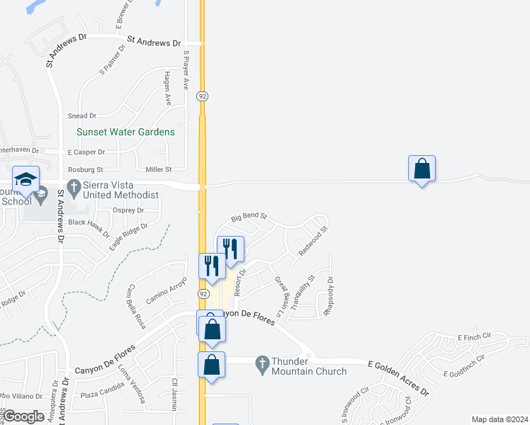 map of restaurants, bars, coffee shops, grocery stores, and more near 4361 Big Bend Street in Sierra Vista