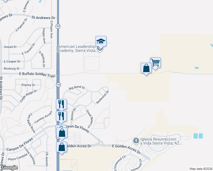 map of restaurants, bars, coffee shops, grocery stores, and more near 3393 Zion Court in Sierra Vista