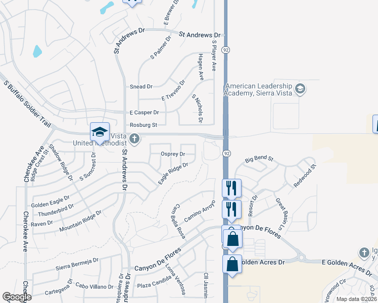 map of restaurants, bars, coffee shops, grocery stores, and more near 3703 East Sandpiper Drive in Sierra Vista