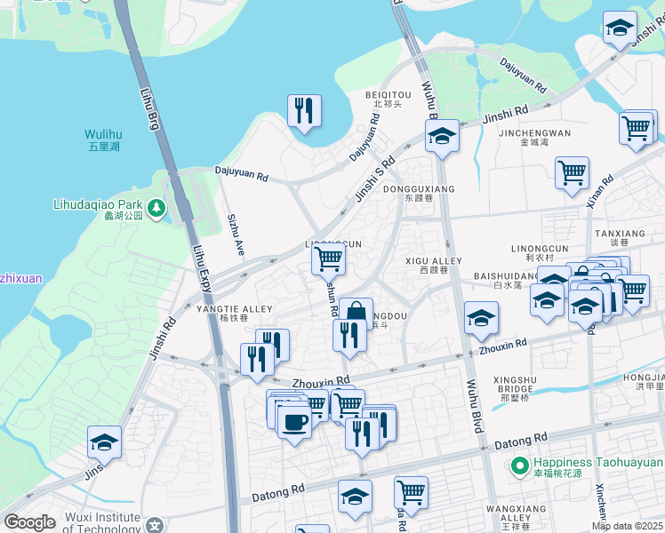 map of restaurants, bars, coffee shops, grocery stores, and more near in Wuxi
