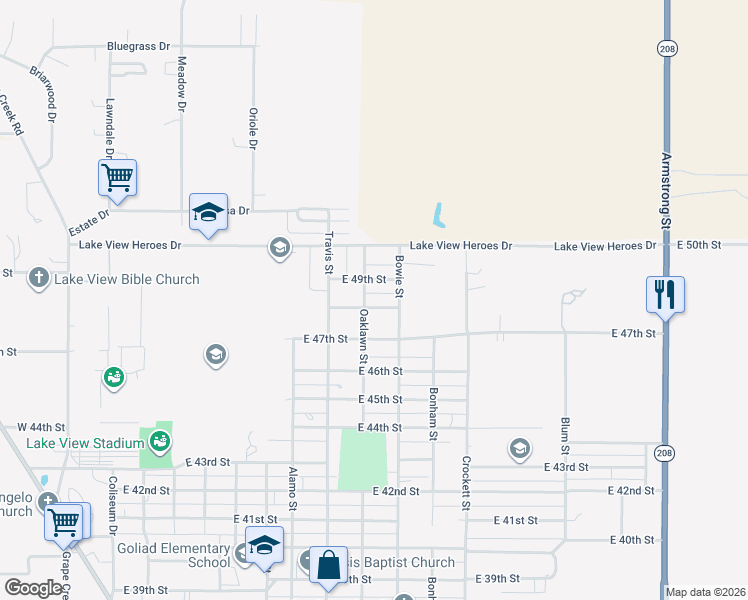 map of restaurants, bars, coffee shops, grocery stores, and more near 421 East 49th Street in San Angelo