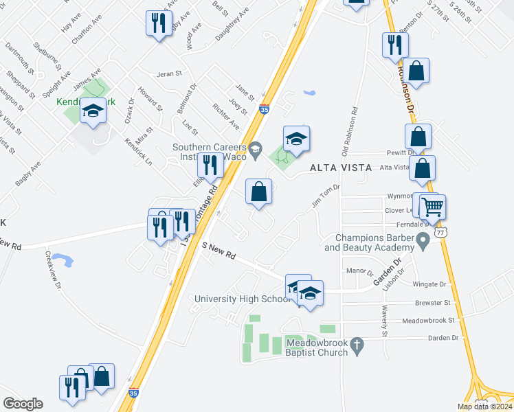 map of restaurants, bars, coffee shops, grocery stores, and more near 3900 North Interstate 35 Frontage Road in Waco
