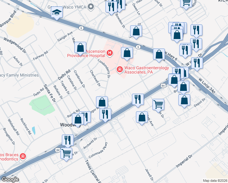 map of restaurants, bars, coffee shops, grocery stores, and more near 225 Londonderry Drive in Woodway