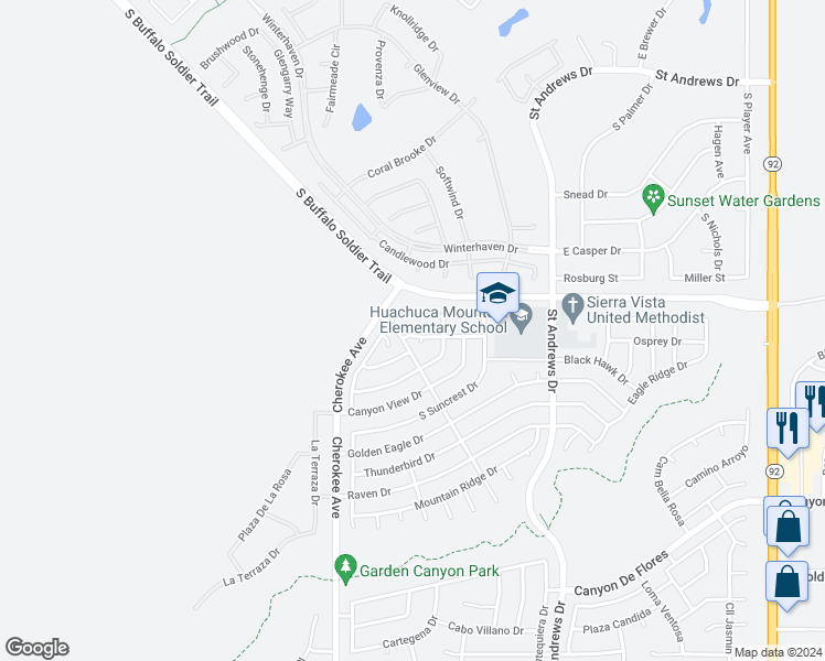 map of restaurants, bars, coffee shops, grocery stores, and more near 2681 East Northridge Street in Sierra Vista