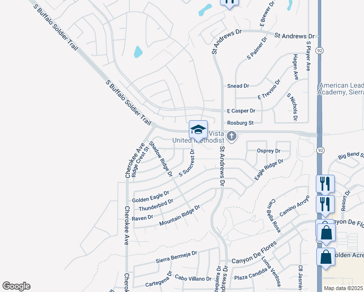 map of restaurants, bars, coffee shops, grocery stores, and more near 2855 East Ridge Crest Street in Sierra Vista