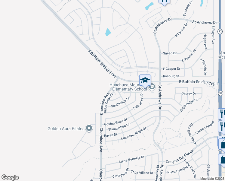 map of restaurants, bars, coffee shops, grocery stores, and more near 3226 Ridge Crest Street in Sierra Vista