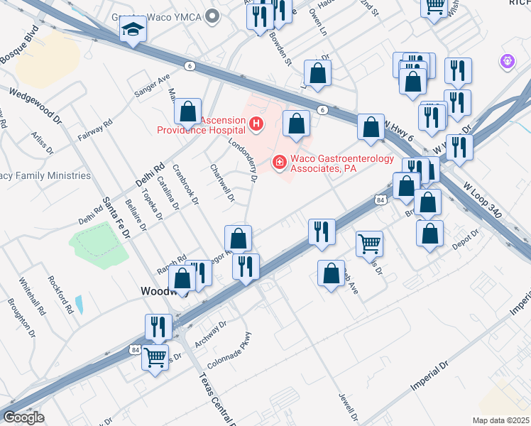 map of restaurants, bars, coffee shops, grocery stores, and more near 225 Londonderry Drive in Waco