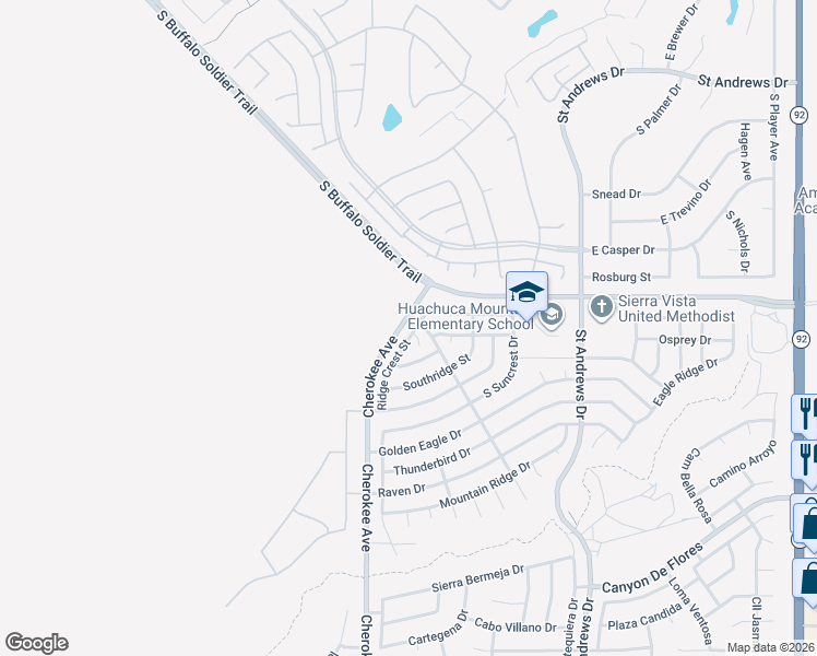 map of restaurants, bars, coffee shops, grocery stores, and more near 3226 Ridge Crest Street in Sierra Vista