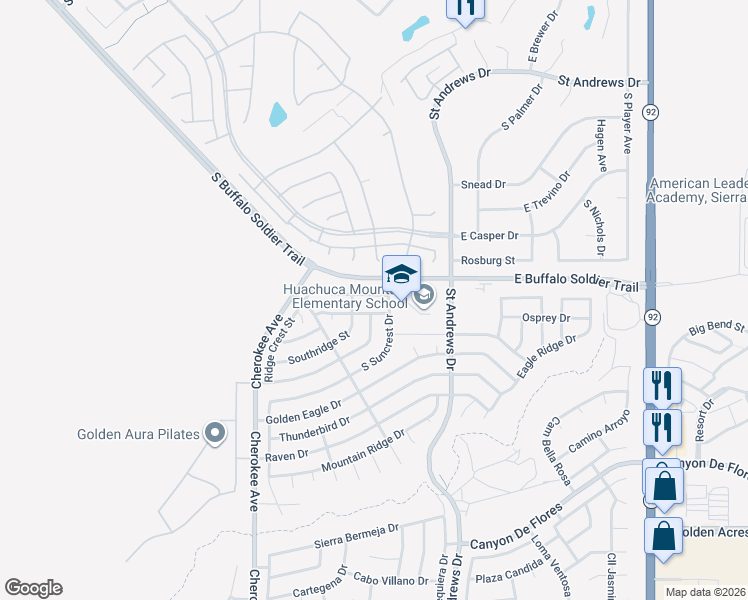 map of restaurants, bars, coffee shops, grocery stores, and more near 2855 East Ridge Crest Street in Sierra Vista