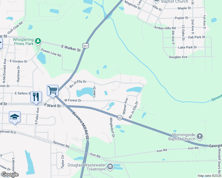 map of restaurants, bars, coffee shops, grocery stores, and more near 808 Bo Jo Ella Drive in Douglas