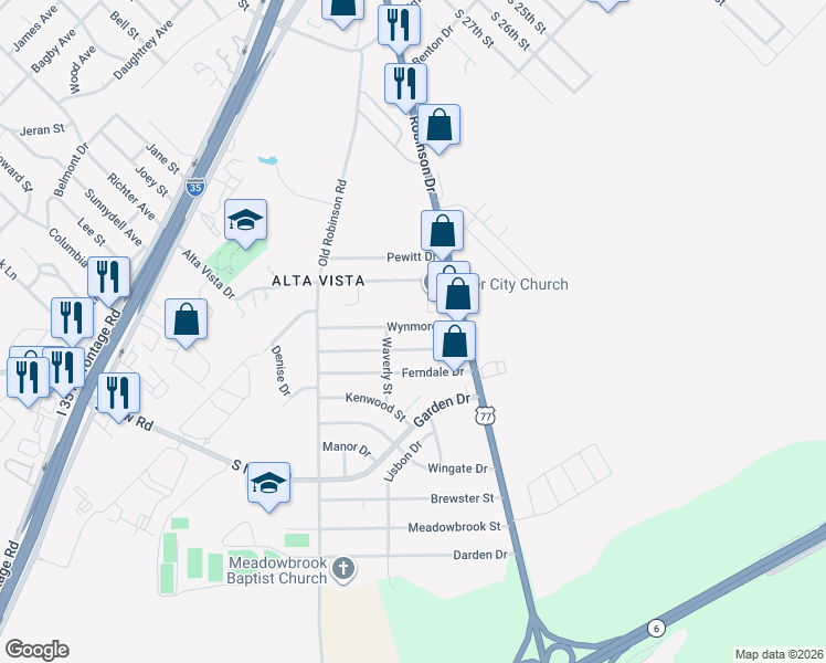 map of restaurants, bars, coffee shops, grocery stores, and more near 3212 Wynmore Drive in Waco