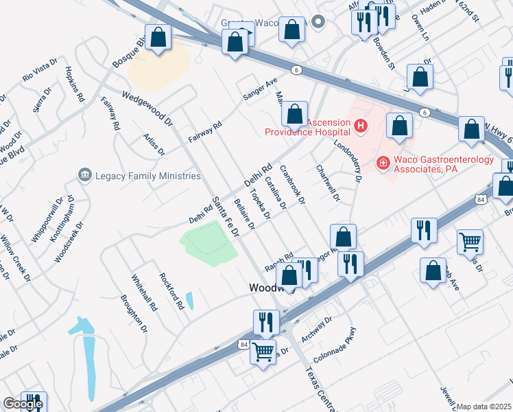 map of restaurants, bars, coffee shops, grocery stores, and more near 416 Topeka Drive in Waco
