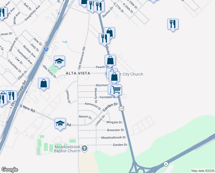 map of restaurants, bars, coffee shops, grocery stores, and more near 3212 Wynmore Drive in Waco