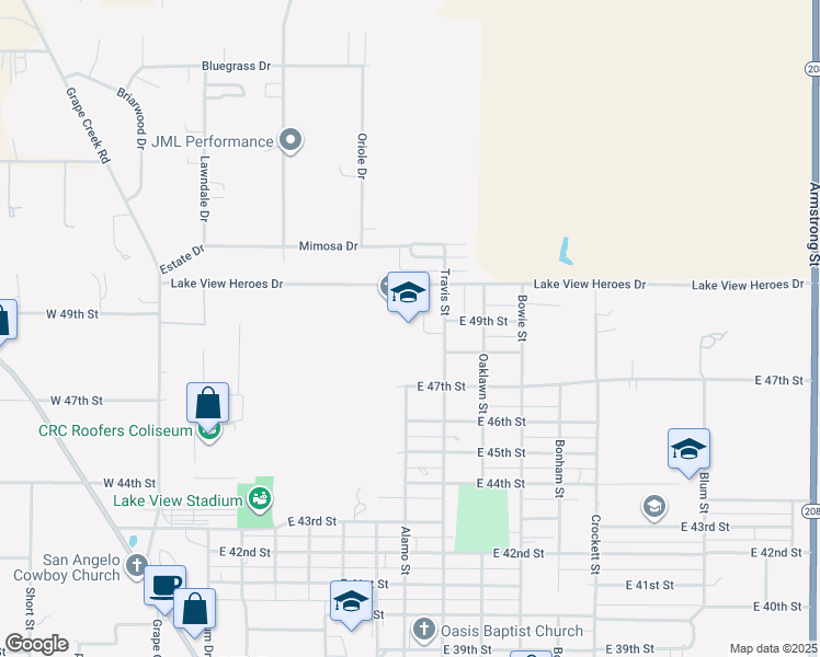 map of restaurants, bars, coffee shops, grocery stores, and more near 255 Lake View Heroes Drive in San Angelo