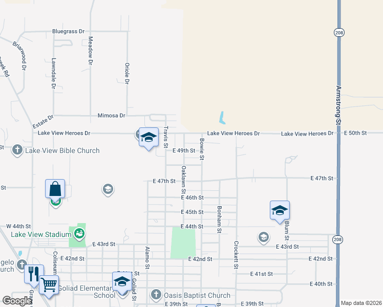 map of restaurants, bars, coffee shops, grocery stores, and more near 421 East 49th Street in San Angelo