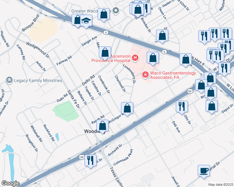 map of restaurants, bars, coffee shops, grocery stores, and more near 7112 Oxford Drive in Woodway
