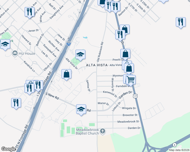 map of restaurants, bars, coffee shops, grocery stores, and more near 2731 Old Robinson Rd in Waco