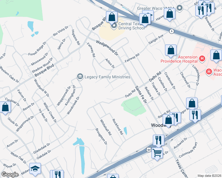 map of restaurants, bars, coffee shops, grocery stores, and more near 7801 Hidden Hollow Drive in Waco