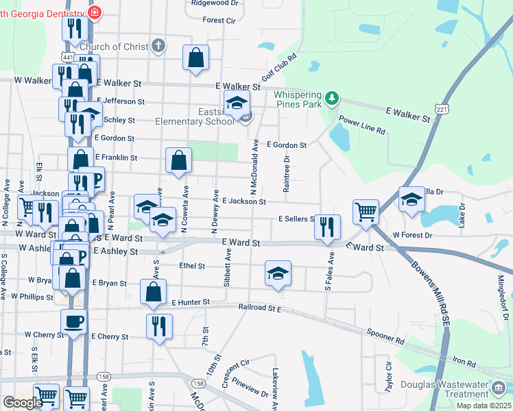 map of restaurants, bars, coffee shops, grocery stores, and more near 210 North McDonald Avenue in Douglas