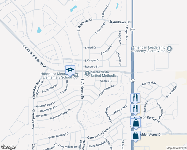 map of restaurants, bars, coffee shops, grocery stores, and more near 3236 Falcon Way in Sierra Vista