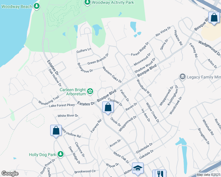 map of restaurants, bars, coffee shops, grocery stores, and more near 8916 Heritage Hills Road in Waco