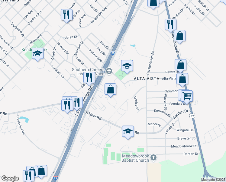 map of restaurants, bars, coffee shops, grocery stores, and more near 3725 Vista Cove Drive in Waco