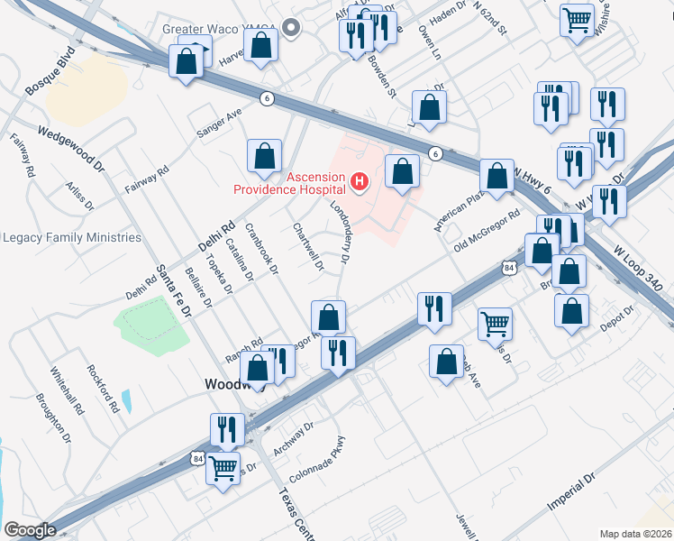 map of restaurants, bars, coffee shops, grocery stores, and more near 301 Chartwell Drive in Waco