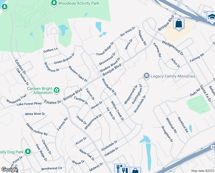 map of restaurants, bars, coffee shops, grocery stores, and more near 2100 Ivy Ann Drive in Woodway