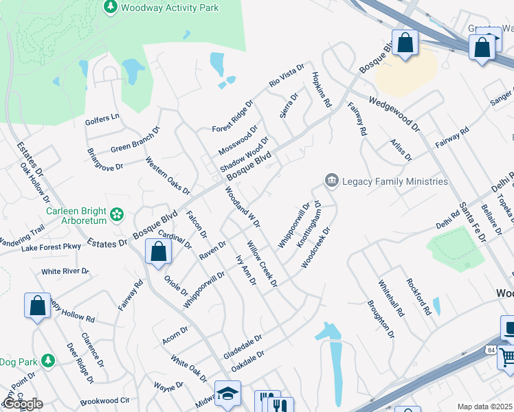 map of restaurants, bars, coffee shops, grocery stores, and more near 16 Sugar Creek Place in Waco