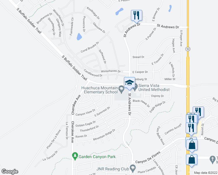 map of restaurants, bars, coffee shops, grocery stores, and more near 2903 Ridge Crest Street in Sierra Vista