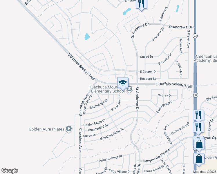 map of restaurants, bars, coffee shops, grocery stores, and more near 2855 East Ridge Crest Street in Sierra Vista