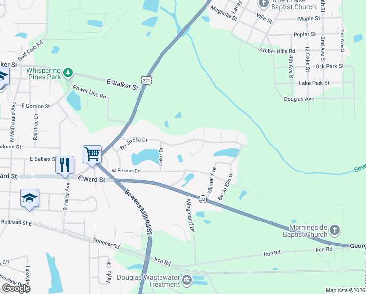 map of restaurants, bars, coffee shops, grocery stores, and more near 808 Bo Jo Ella Drive in Douglas