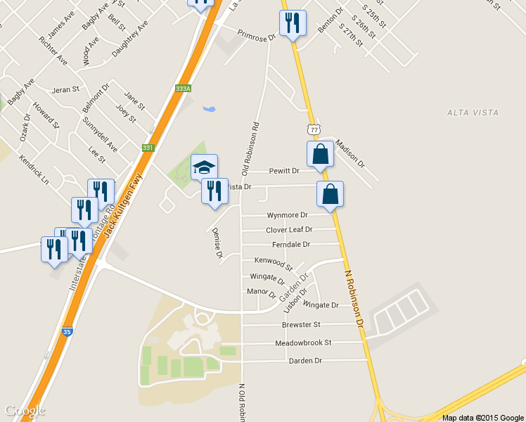 map of restaurants, bars, coffee shops, grocery stores, and more near 3501 Wynmore Drive in Waco