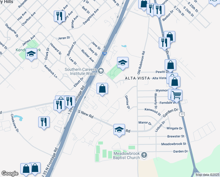 map of restaurants, bars, coffee shops, grocery stores, and more near 3725 Vista Cove Drive in Waco
