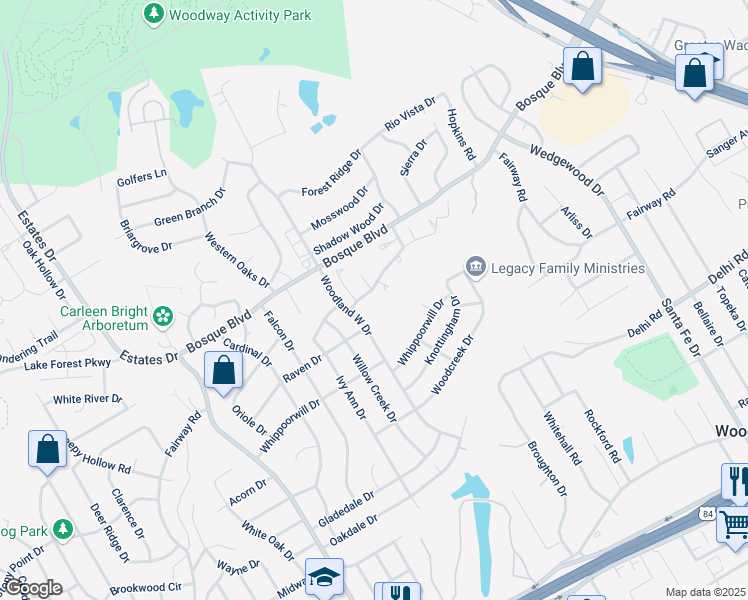map of restaurants, bars, coffee shops, grocery stores, and more near 16 Sugar Creek Place in Waco