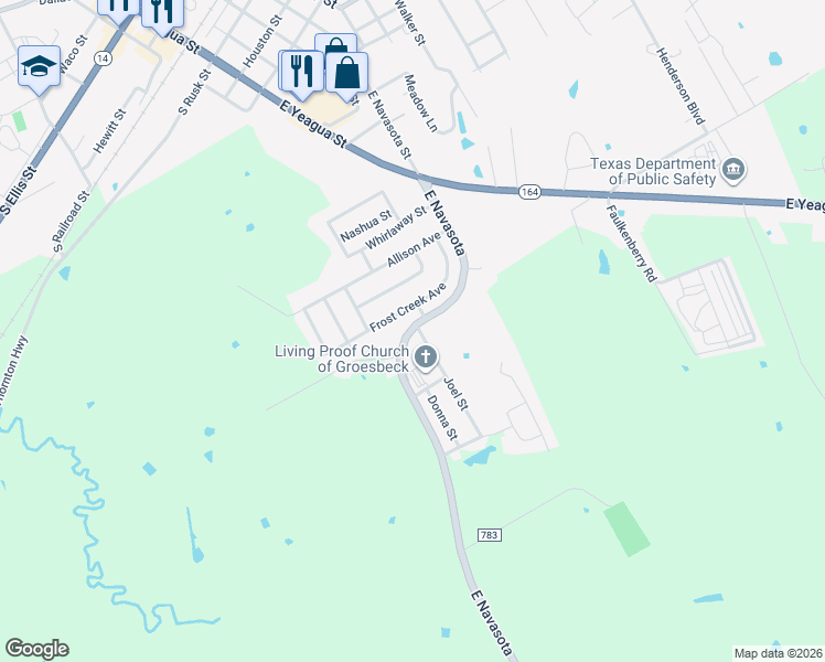 map of restaurants, bars, coffee shops, grocery stores, and more near Joel Street in Groesbeck