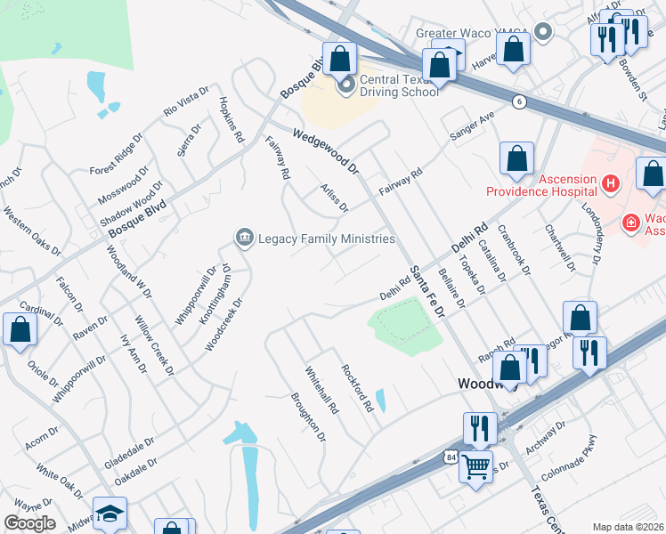 map of restaurants, bars, coffee shops, grocery stores, and more near 7801 Hidden Hollow Drive in Waco