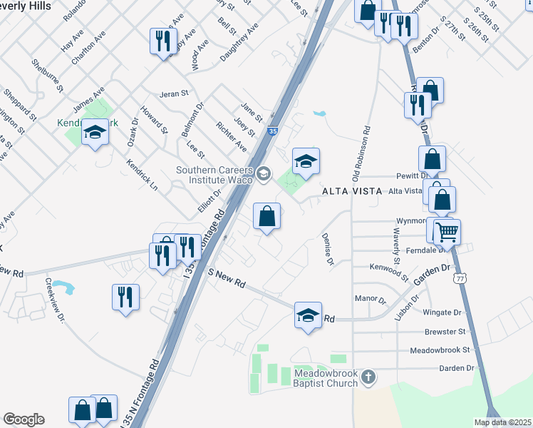 map of restaurants, bars, coffee shops, grocery stores, and more near 3713 Vista Cove Drive in Waco