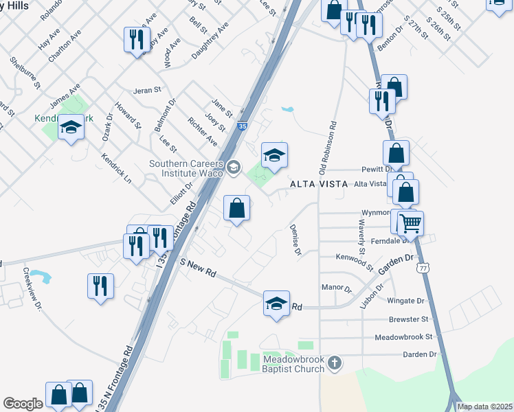 map of restaurants, bars, coffee shops, grocery stores, and more near 3737 Vista Cove Drive in Waco