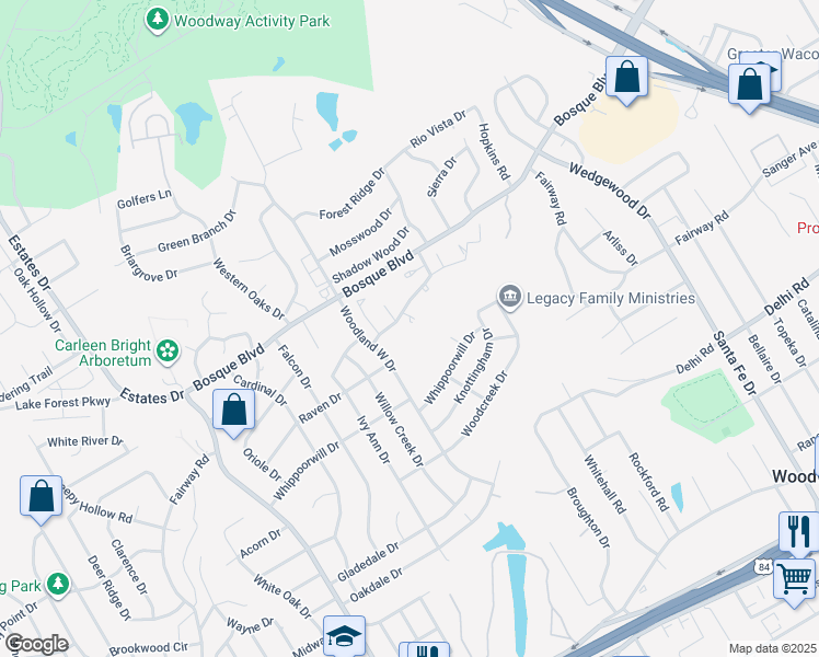 map of restaurants, bars, coffee shops, grocery stores, and more near 13 Sugar Creek Place in Waco
