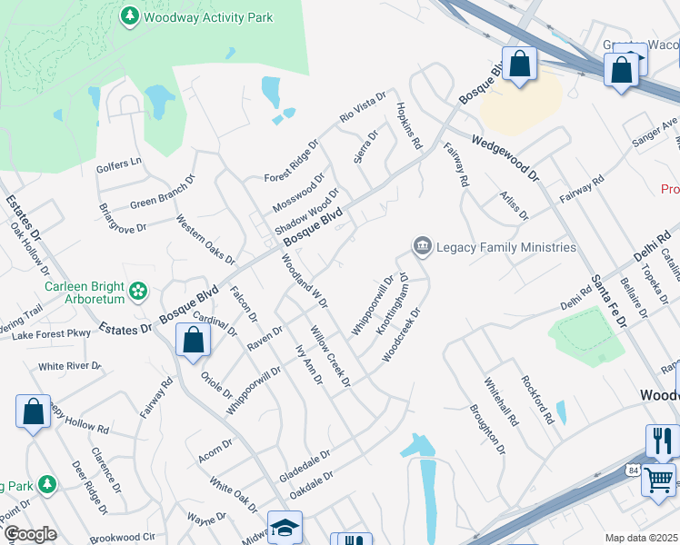 map of restaurants, bars, coffee shops, grocery stores, and more near 13 Sugar Creek Place in Waco