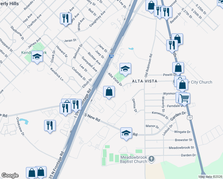 map of restaurants, bars, coffee shops, grocery stores, and more near 3706 Vista Cove Drive in Waco