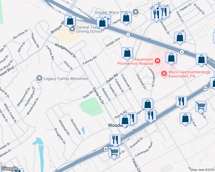 map of restaurants, bars, coffee shops, grocery stores, and more near 416 Topeka Drive in Waco