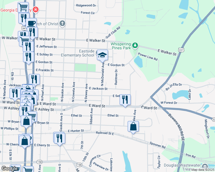 map of restaurants, bars, coffee shops, grocery stores, and more near 210 North McDonald Avenue in Douglas