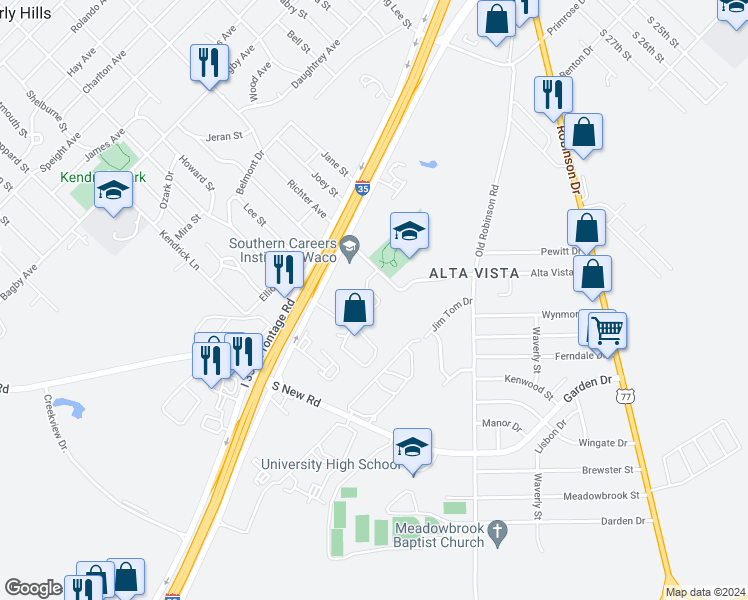 map of restaurants, bars, coffee shops, grocery stores, and more near 3734 Vista Cove Drive in Waco